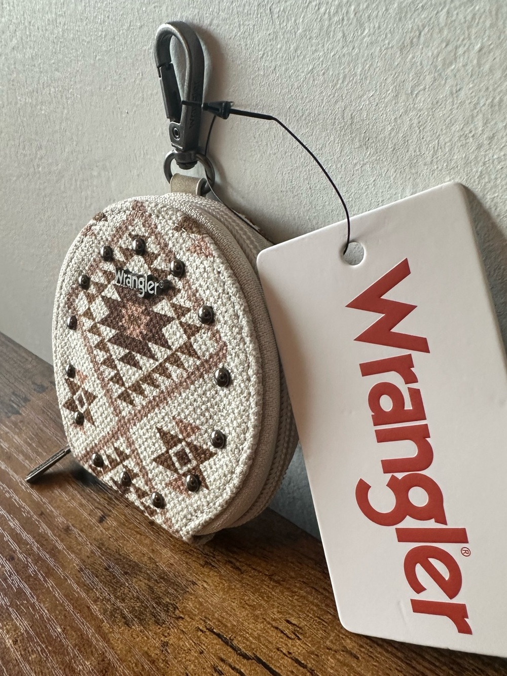 Wrangler Aztec Round Zip Pouch Keychain Bag Charm Beige & Brown w/ Silver Studs - Picture 2 of 5
